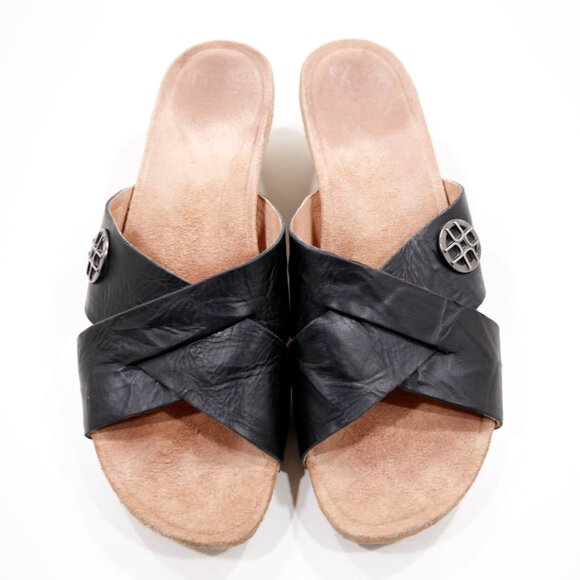 UGG Lyra Black Leather Lightweight 2" Cork Wedge Heel Sandals - 9 - Picture 6 of 7